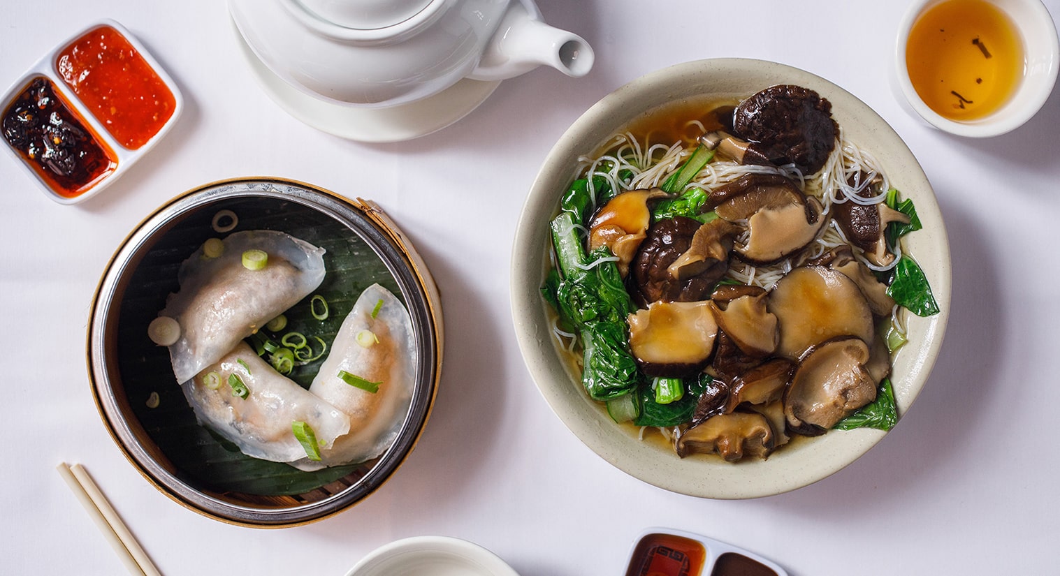 Veg Fun Gor and Mushroom Soup Noodles at Chung Ying Cantonese